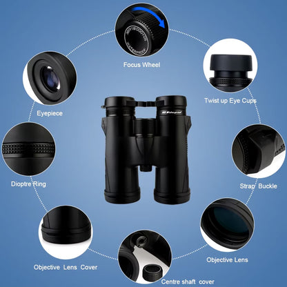 Black HoziSkop Binoculars with labeled parts on a blue background