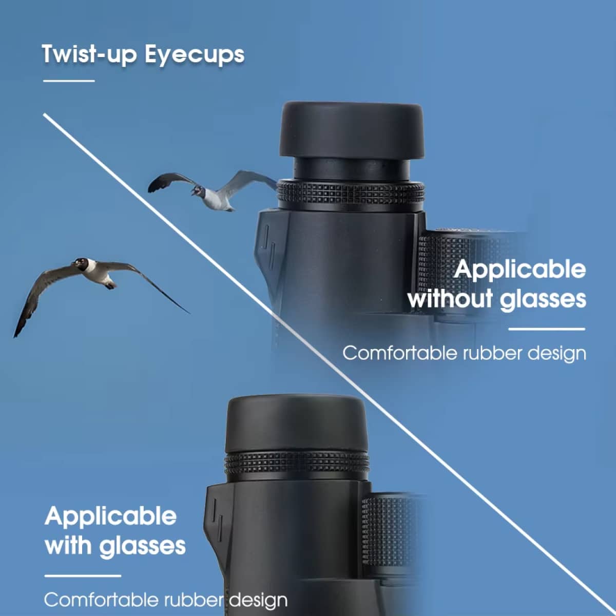 Black HoziSkop Binoculars with twist-up eyecups on a blue background