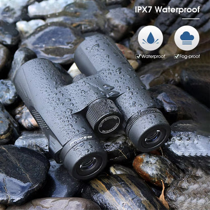 HoziSkop Binoculars on rocks with IPX7 waterproof feature highlighted