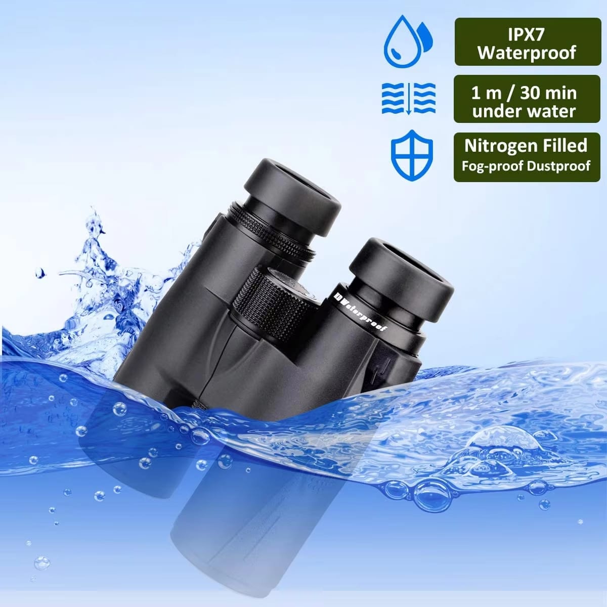 Black HoziSkop Binoculars with water splash and waterproof features displayed