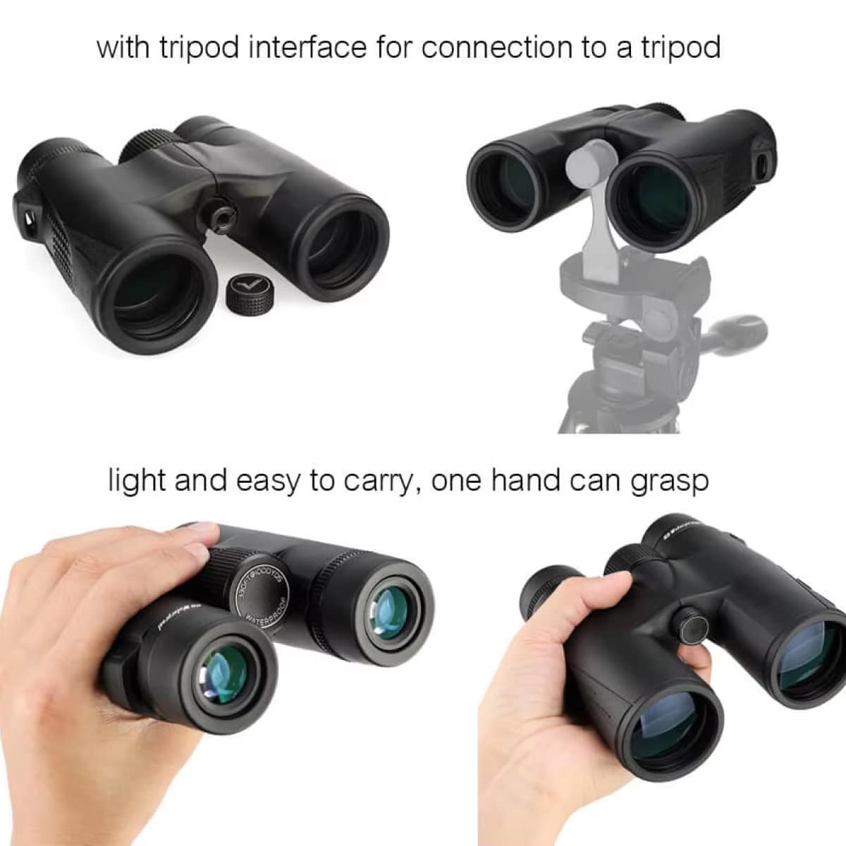 Black HoziSkop Binoculars with tripod interface, shown with hands holding them for scale.