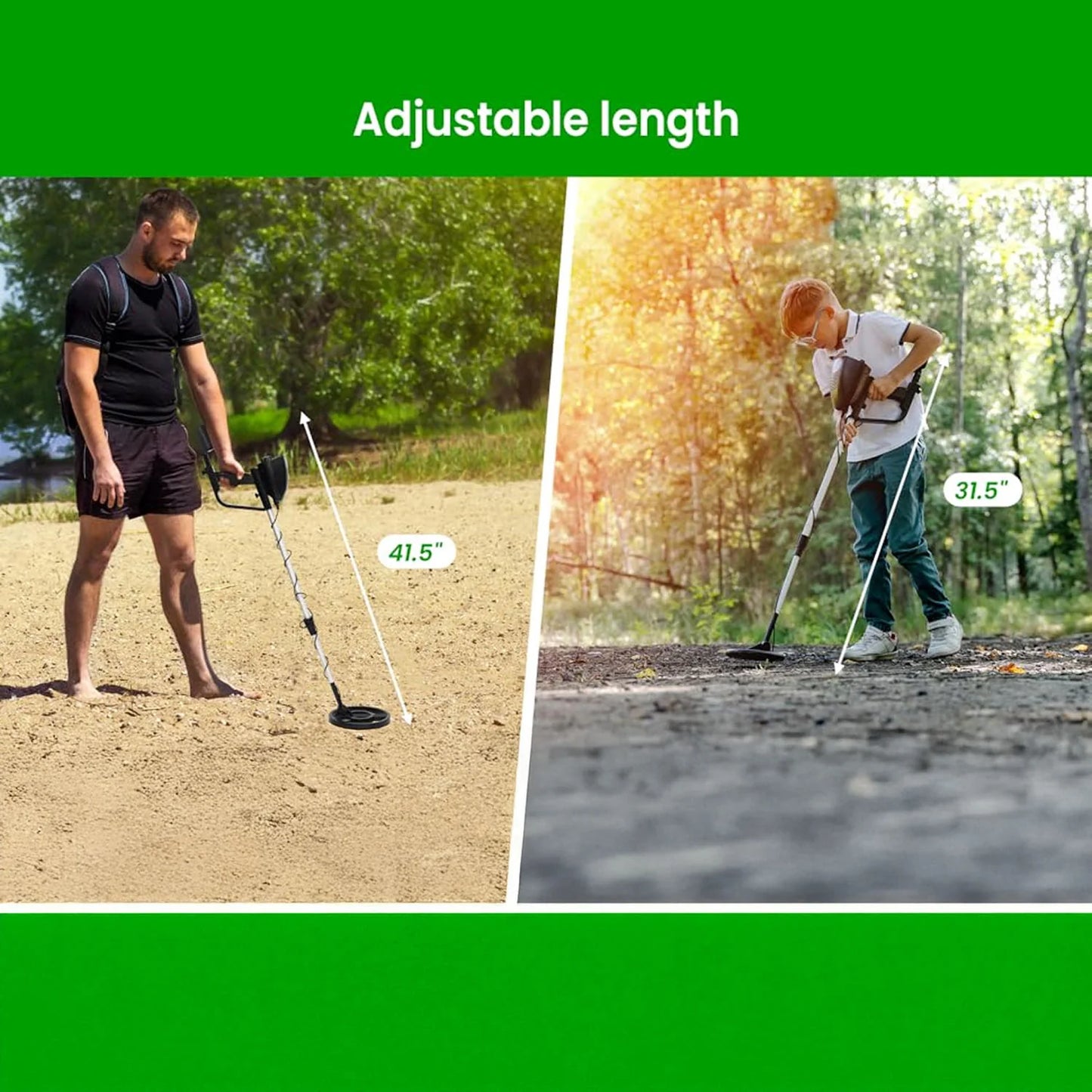 Two people using adjustable HunTonnix Metal Detector in outdoor settings with measurement labels.