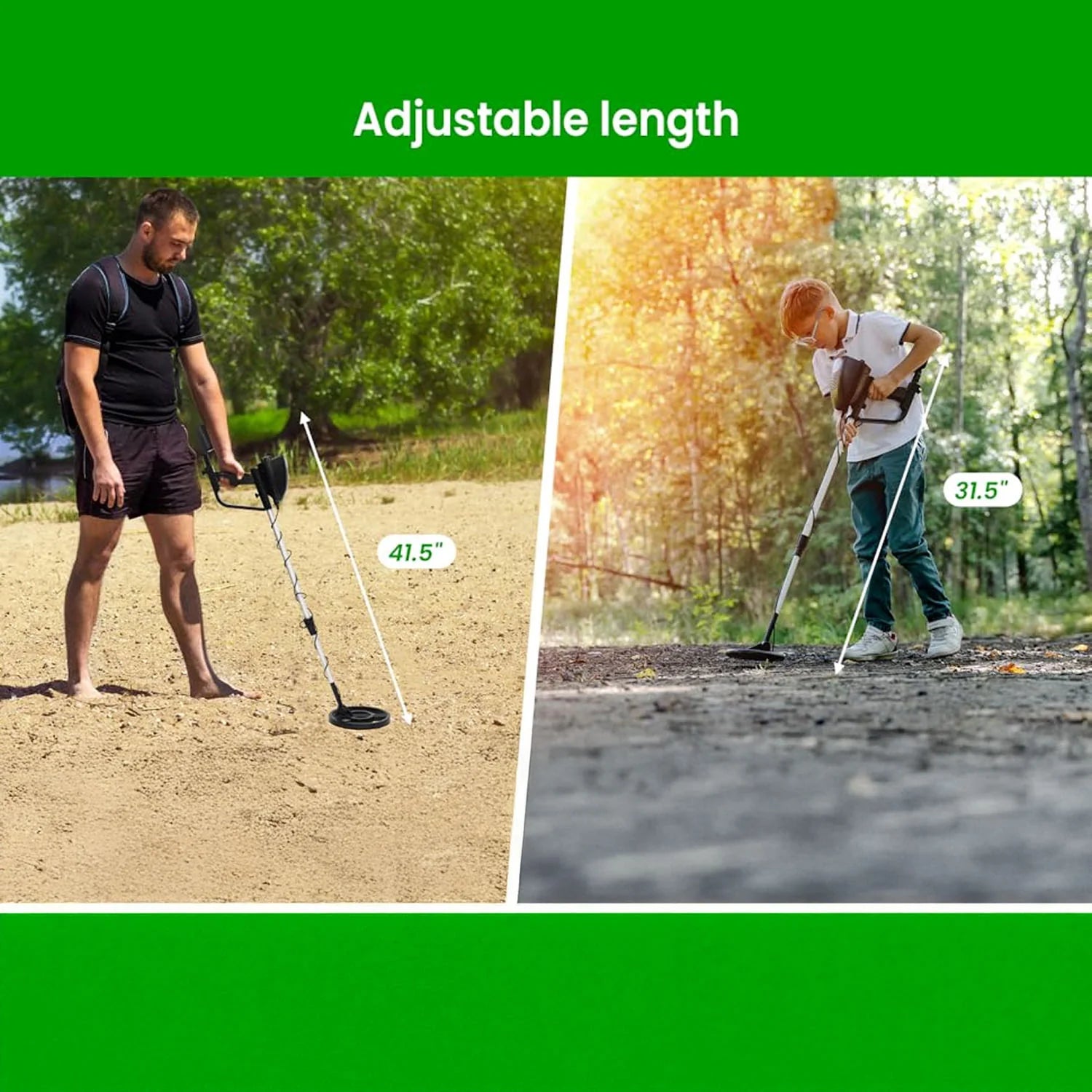 Two people using adjustable HunTonnix Metal Detector in outdoor settings with measurement labels.