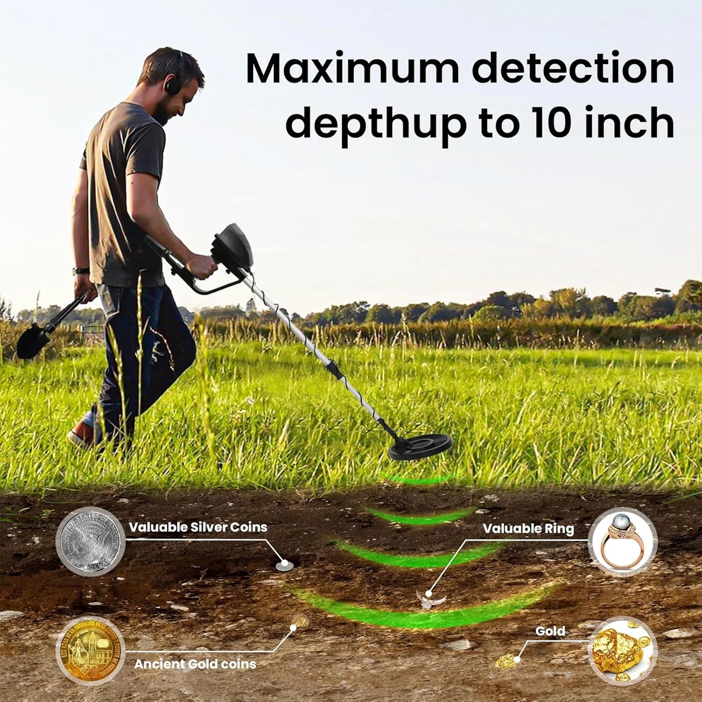 Person using a metal detector in a field with detected items shown below.