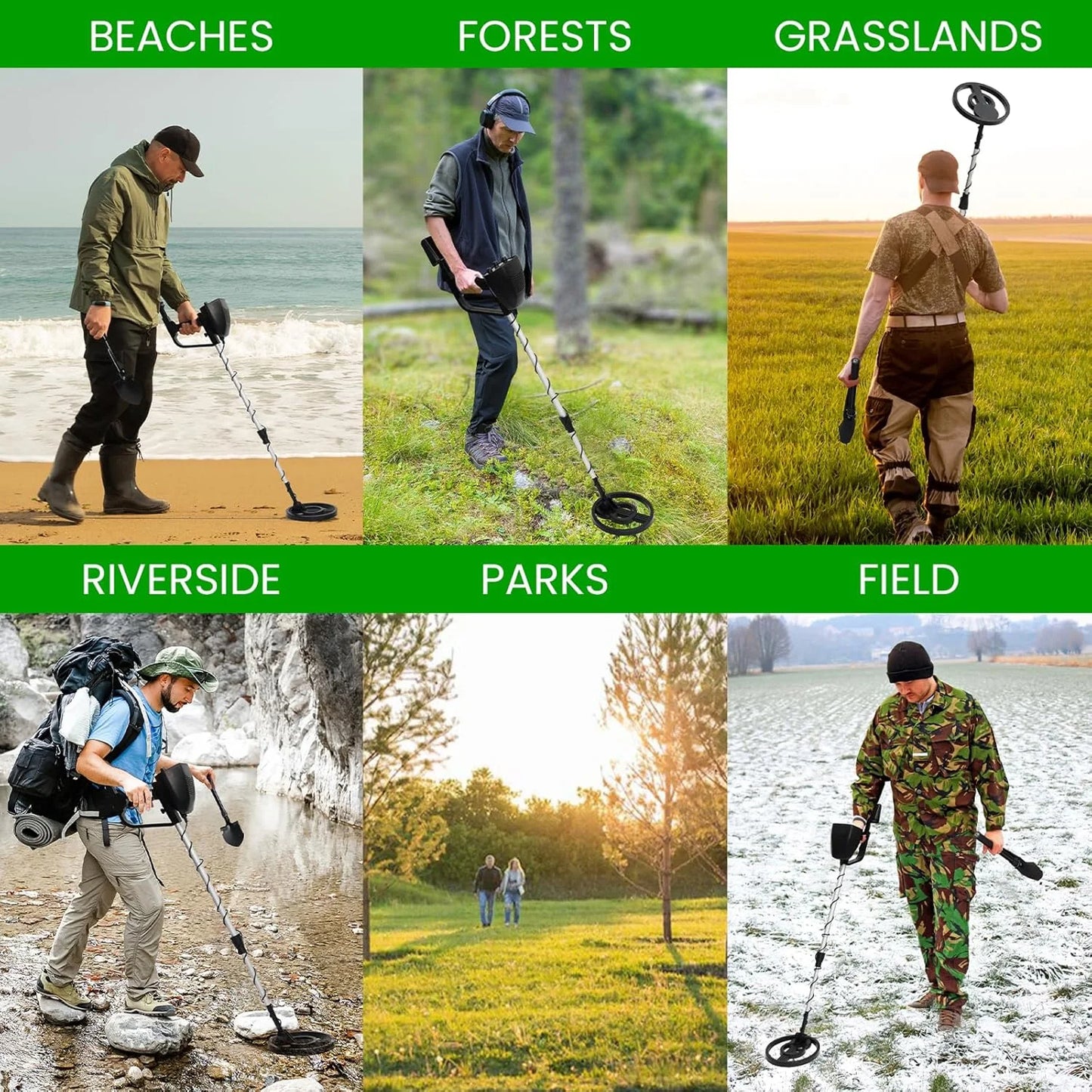 Man using a HunTonnix Metal Detector in various outdoor settings including beaches, forests, grasslands, riverside, parks, and field.
