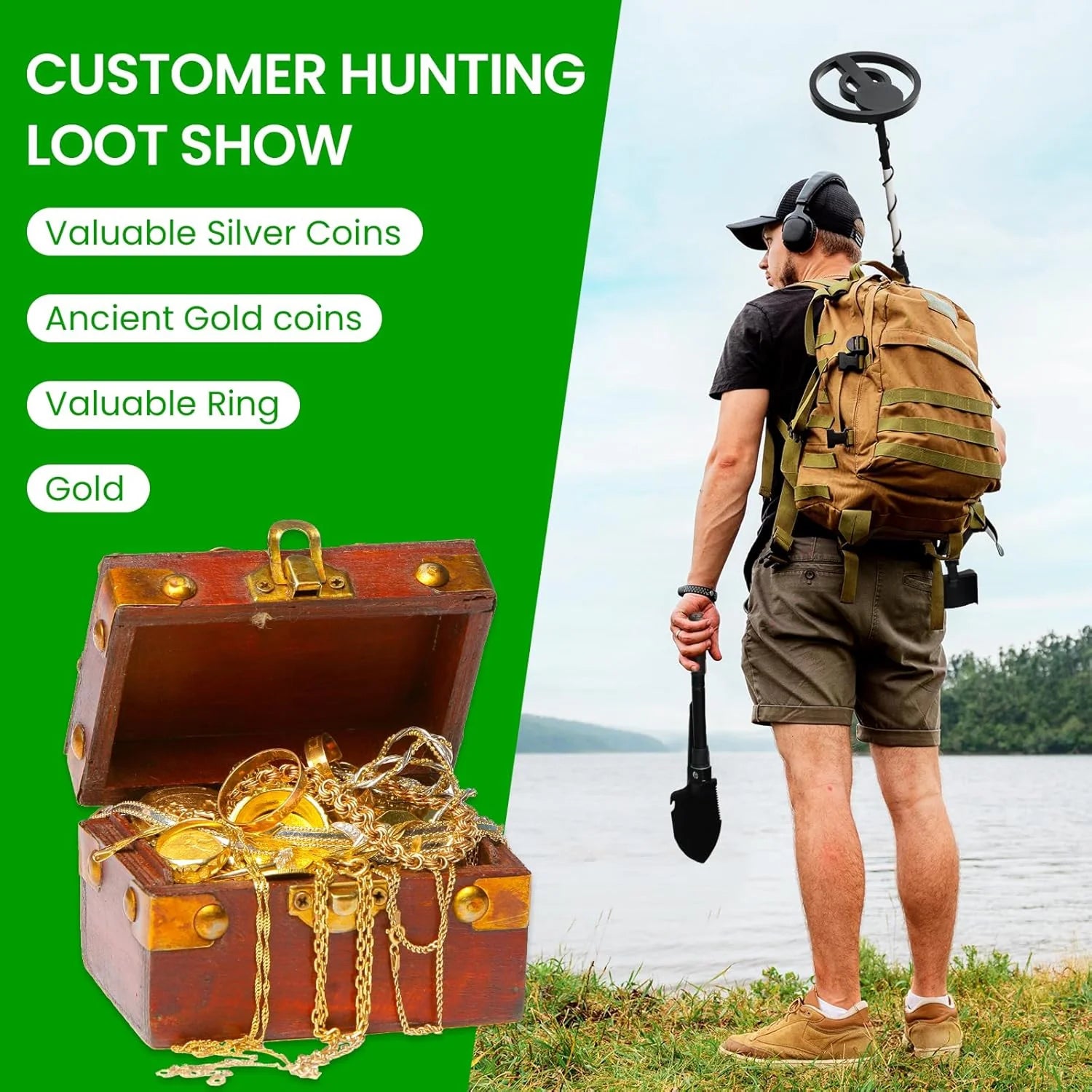 Person with HunTonnix Metal Detector near a lake, open treasure chest with gold and chains on green background