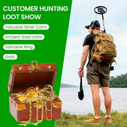 Person with HunTonnix Metal Detector near a lake, open treasure chest with gold and chains on green background