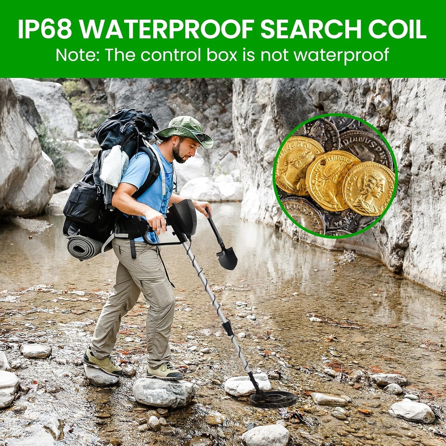 Man using a HunTonnix Metal Detector in a rocky area with inset images of gold coins.