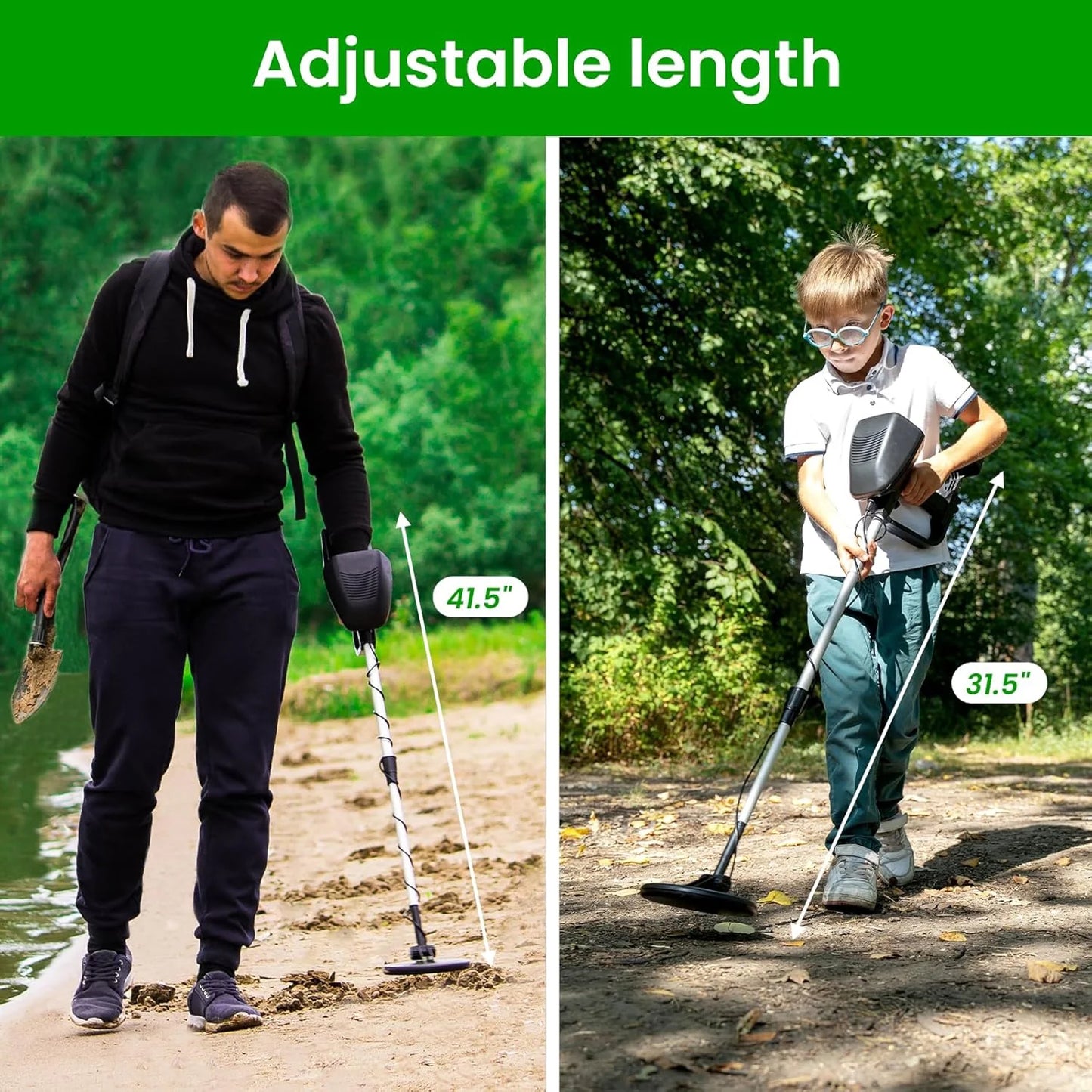 Two people using adjustable HunTonnix Metal Detector outdoors with measurements displayed.