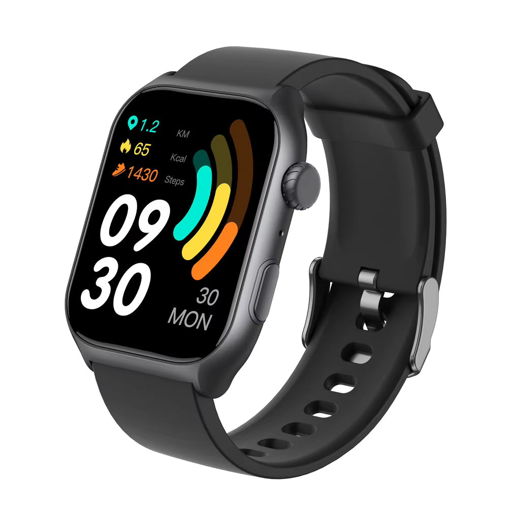 Black Ionoswatch SmartWatch with a colorful display on a white background