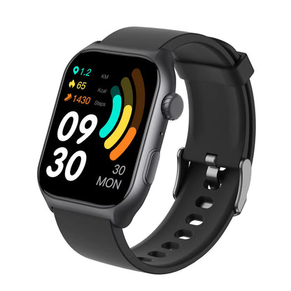 Black Ionoswatch SmartWatch with a colorful display on a white background