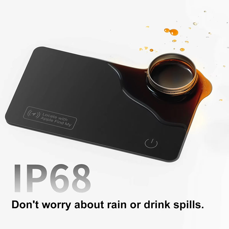 Black IziPock Wallet Tracker Card with a cup of coffee on a white background, featuring IP68 rating text.