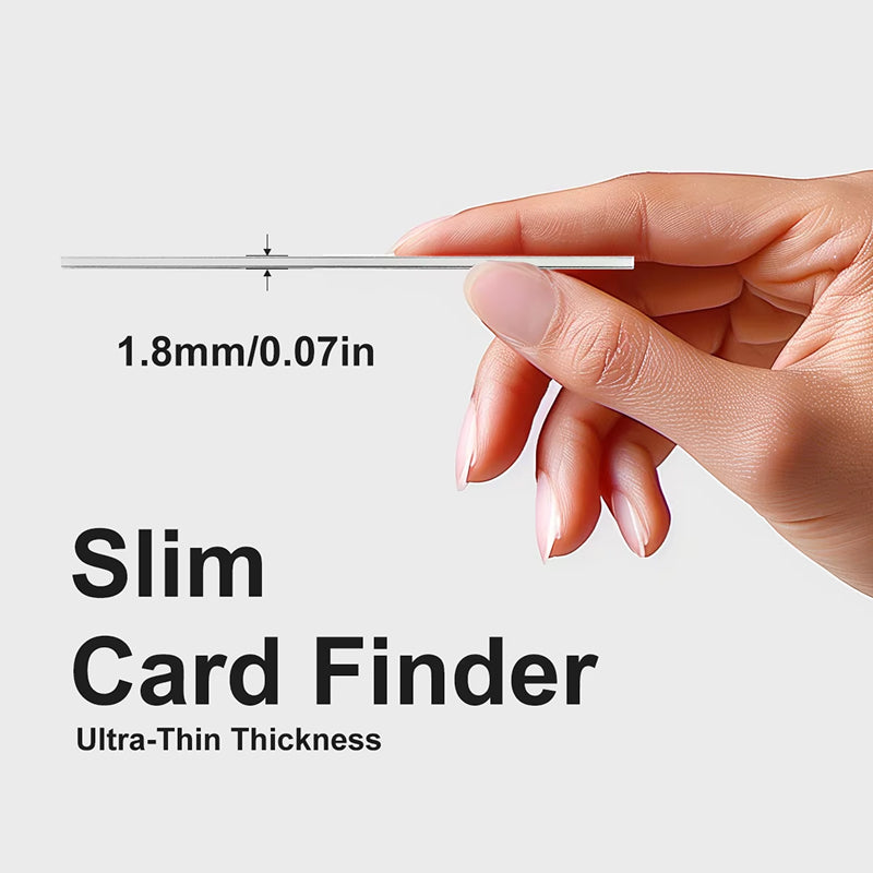 Hand holding a slim IziPock Wallet Tracker Card with text indicating its ultra-thin thickness on a light gray background