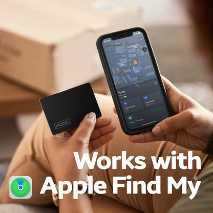 Two hands holding a phone and a IziPock Wallet Tracker Card with 'Works with Apple Find My' text.