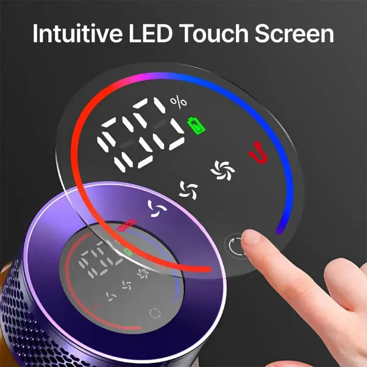 Digital display with touch screen interface and a hand interacting with it on a dark background.
