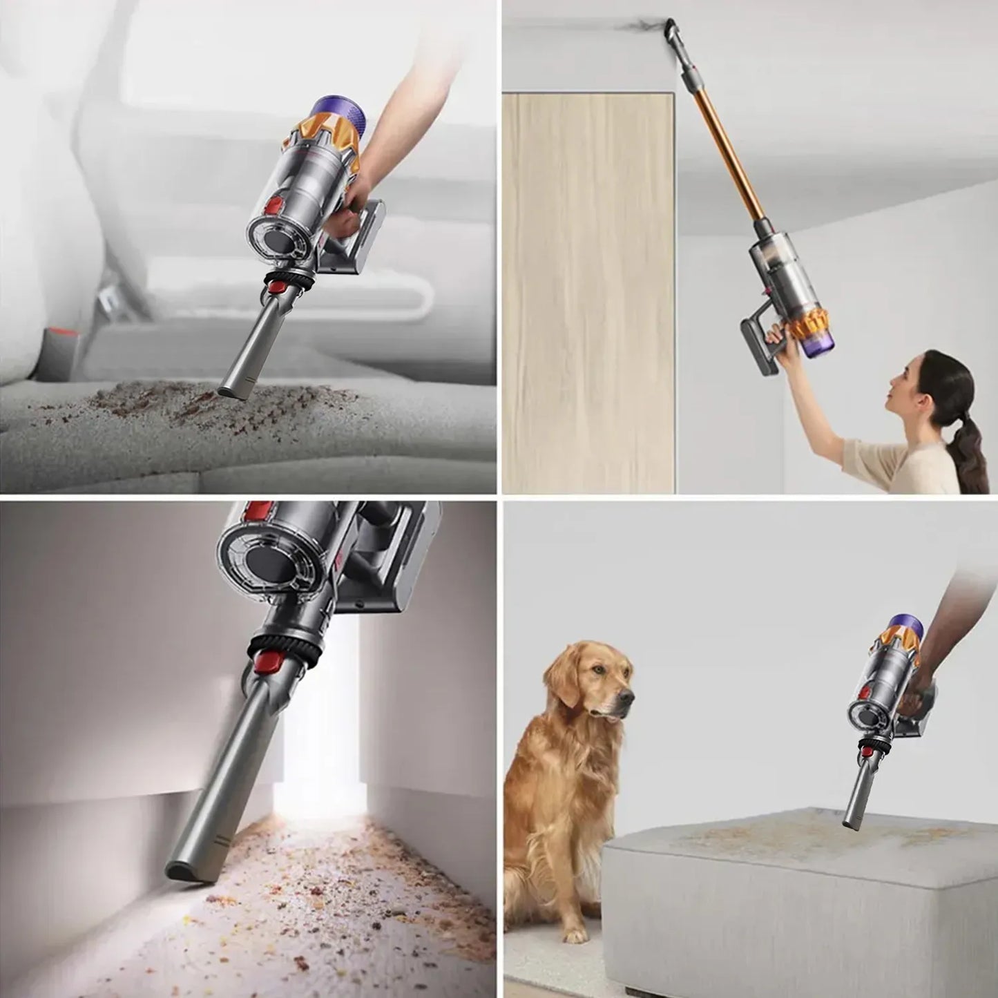 Collage of a Jomasshop Vacuum Cleaner being used in various cleaning scenarios.