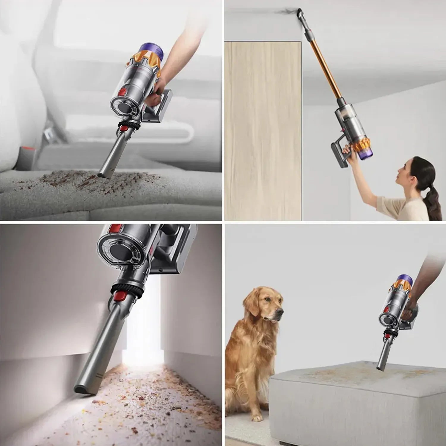 Collage of a Jomasshop Vacuum Cleaner being used in various cleaning scenarios.