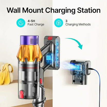 Wall mount charging station for a Jomasshop Vacuum Cleaner with text indicating fast charge time and charging methods.