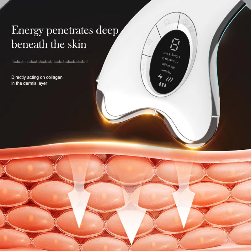 Keovy Face Massager device with text about energy penetration deep beneath the skin, displayed on a black background.