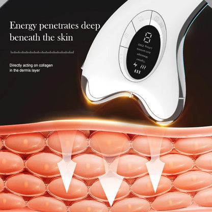 Keovy Face Massager device with text about energy penetration deep beneath the skin, displayed on a black background.