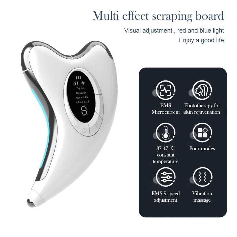 Multi effect scraping board with Keovy Face Massager and feature icons on a white background