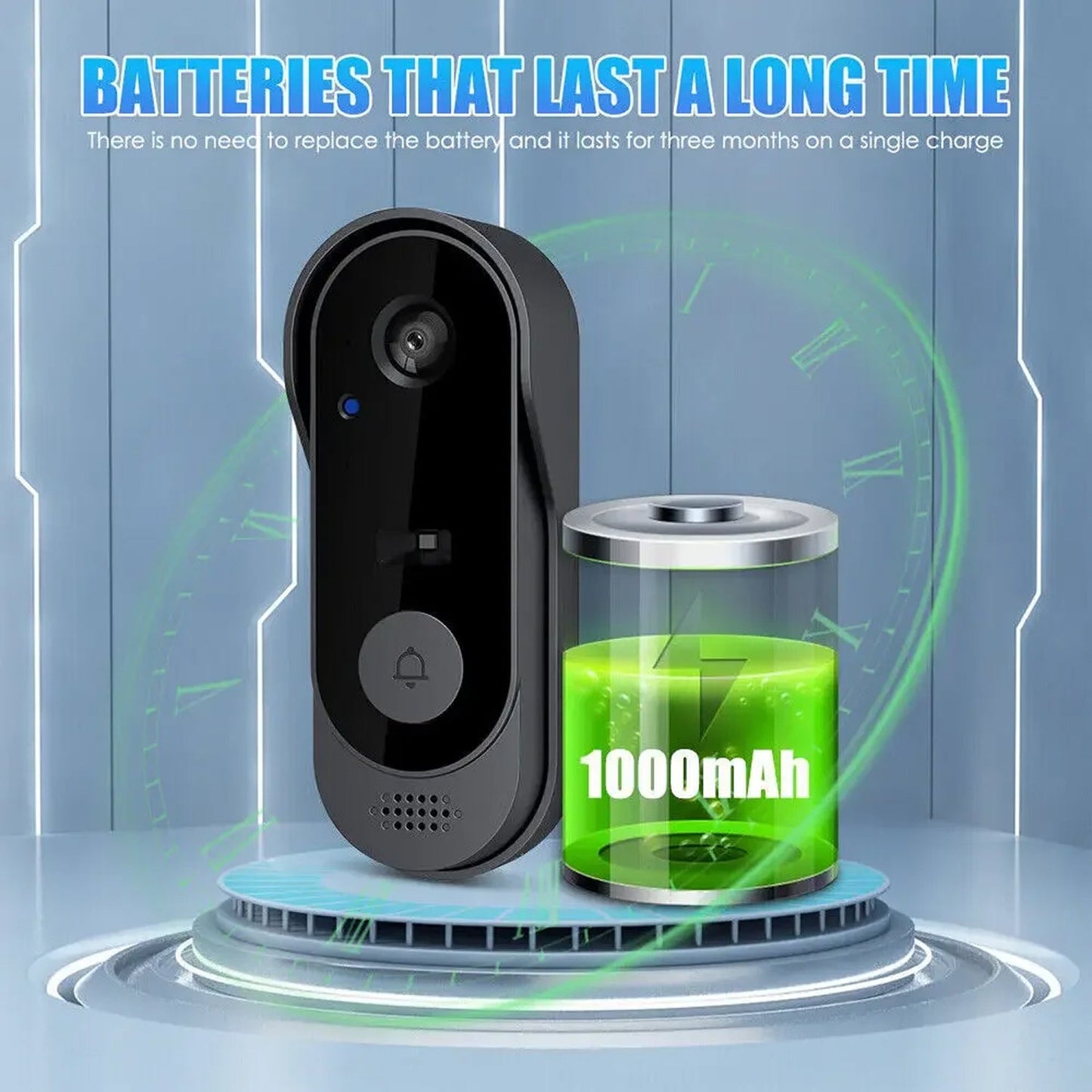 Black KnockeRic Smart Doorbell Camera with a 1000mAh battery display on a blue background