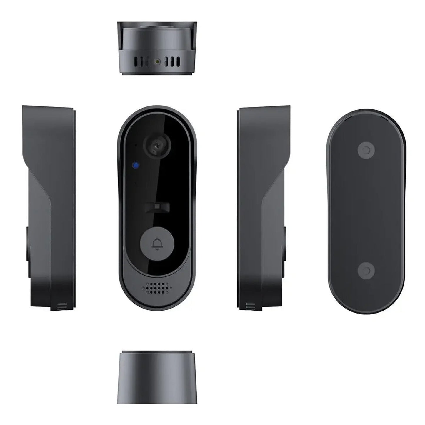 Set of black KnockeRic Smart Doorbell Camera components on a white background