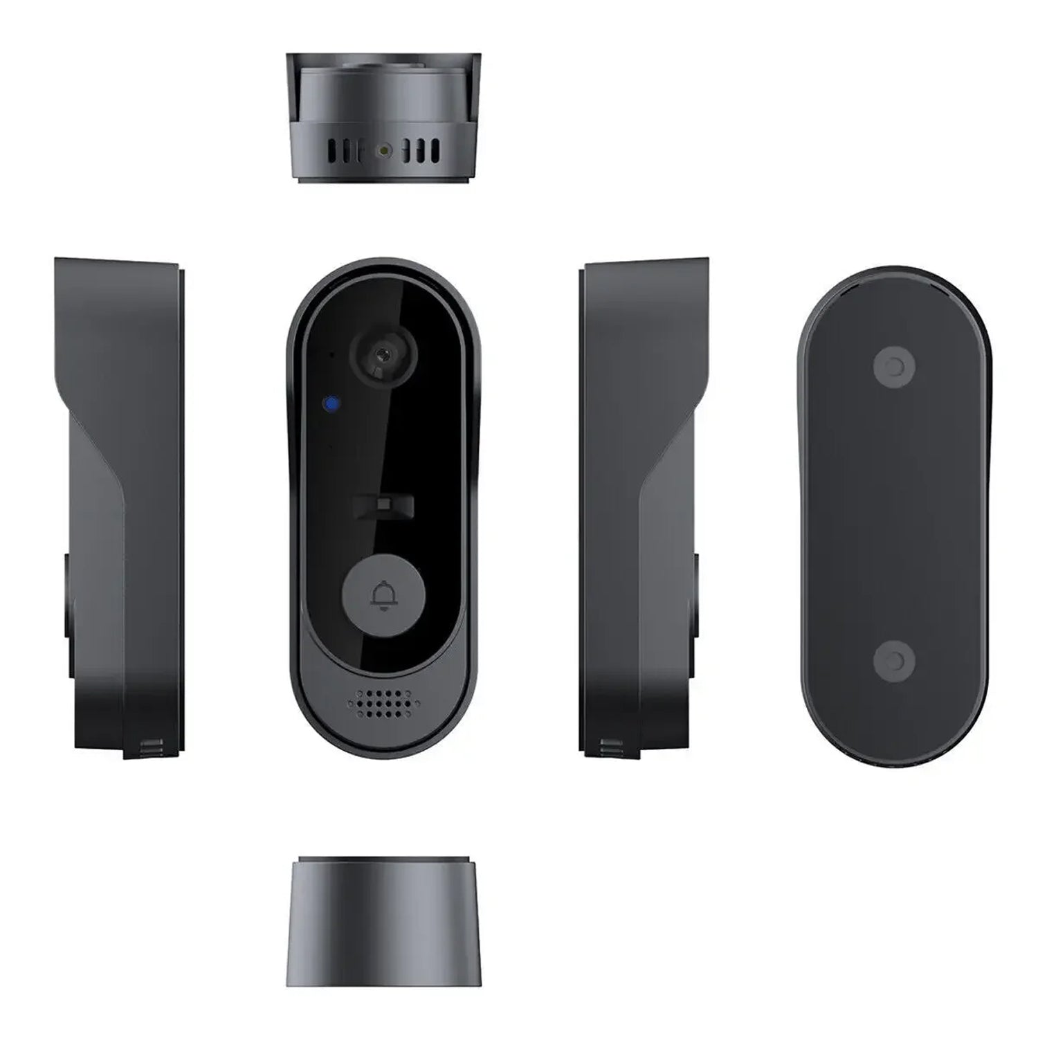 Set of black KnockeRic Smart Doorbell Camera components on a white background