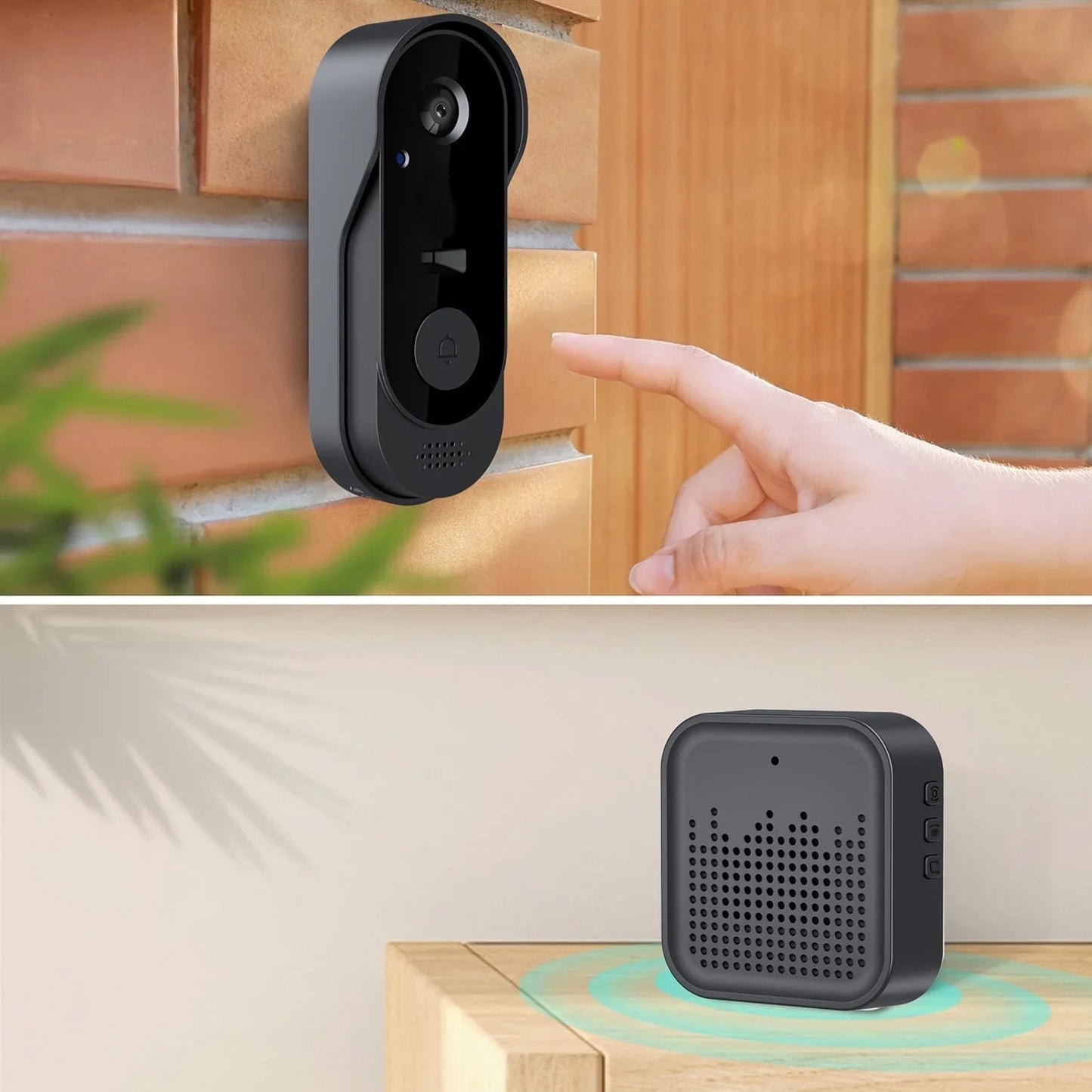 KnockeRic Smart Doorbell Camera and speaker device with a hand pressing a button on a wooden door.
