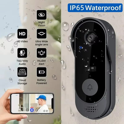 KnockeRic Smart Doorbell Camera with waterproof feature and smartphone app interface, showing night vision, HD video, ultra wide angle lens, two-way audio, instant alert, cloud storage, and battery power.