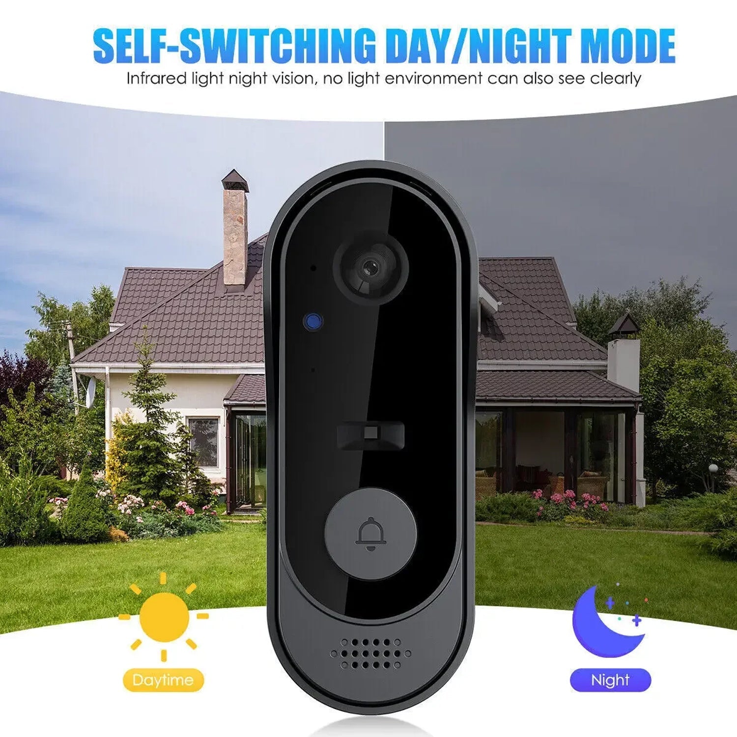 KnockeRic Smart Doorbell Camera with day/night mode feature in front of a house