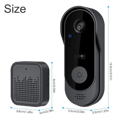 KnockeRic Smart Doorbell Camera and speaker with size measurements on a white background