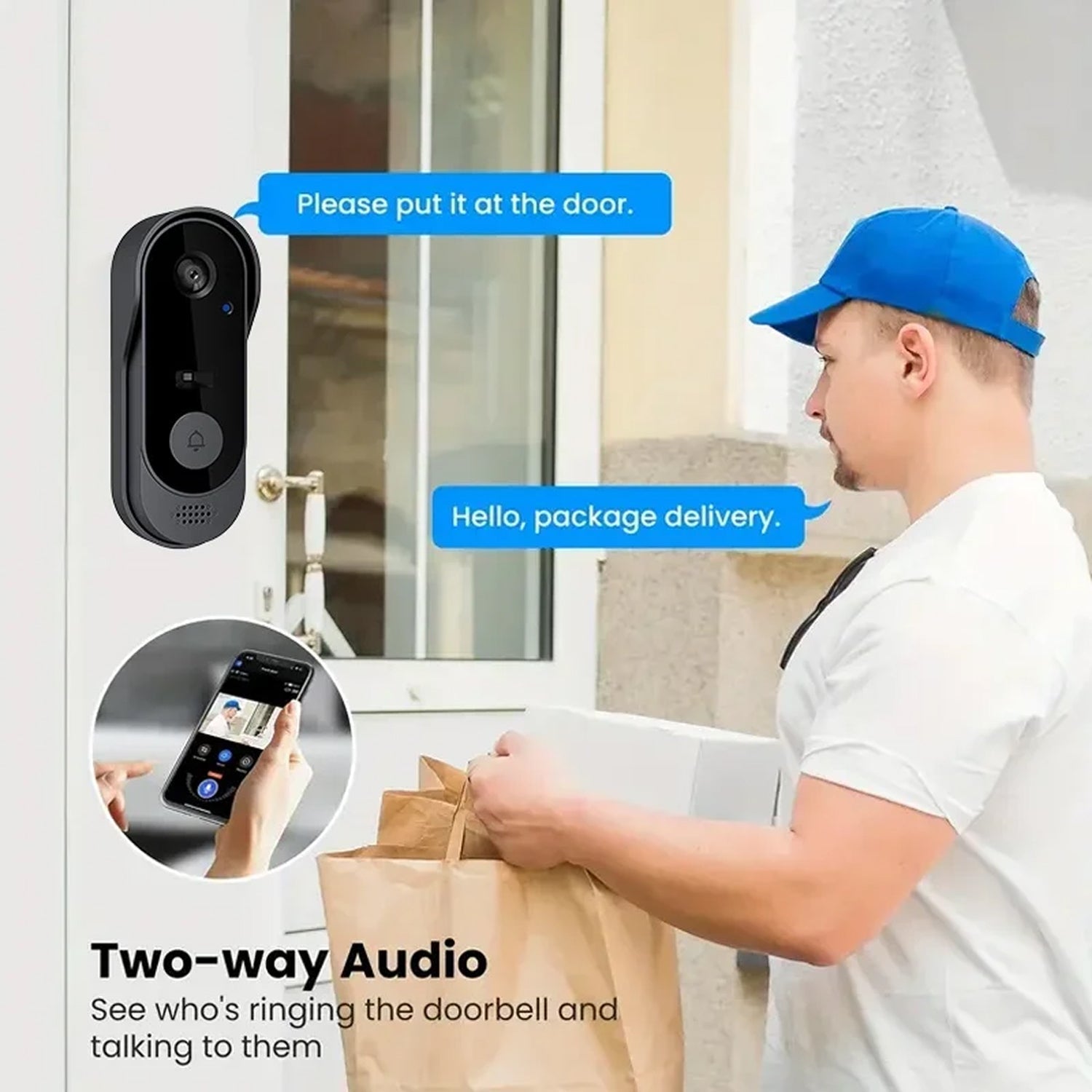 Person with a package using a KnockeRic Smart Doorbell Camera with two-way audio feature
