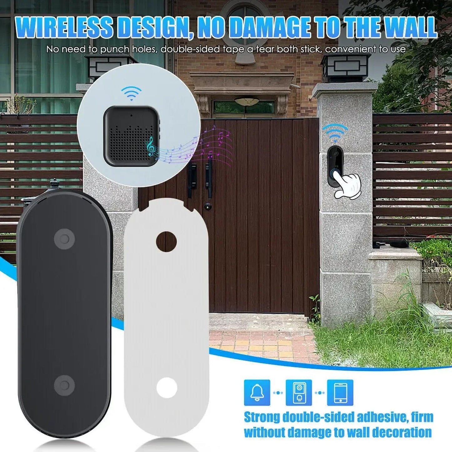 KnockeRic Smart Doorbell Camera components with text about wireless design and no wall damage.