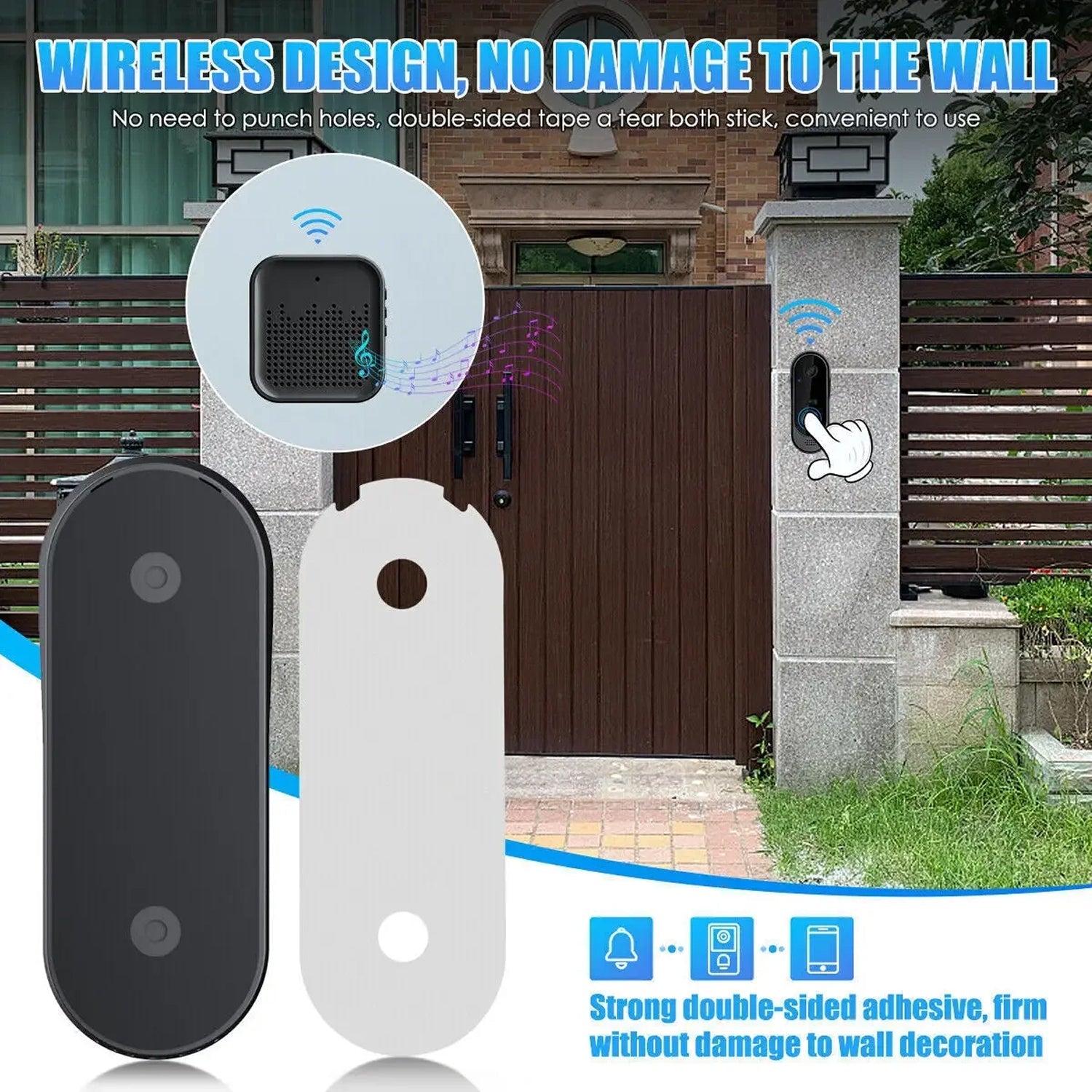 KnockeRic Smart Doorbell Camera components with text about wireless design and no wall damage.
