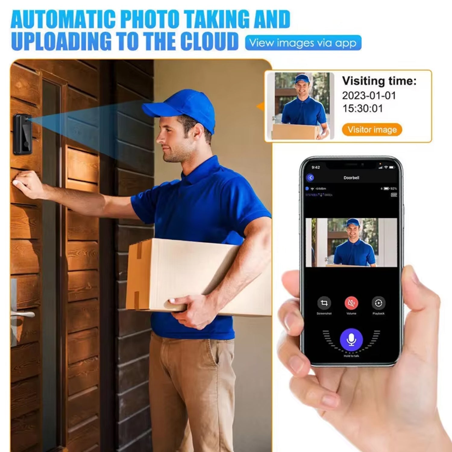 Person using a KnockeRic Smart Doorbell Camera with cloud-based image uploading feature on a smartphone app.
