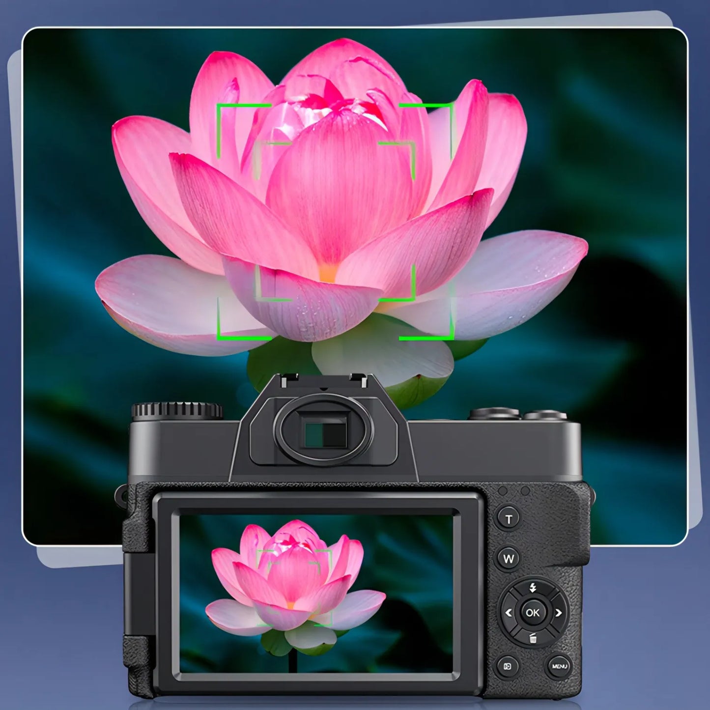 Korons Digital Camera displaying a pink lotus flower on its screen with a monitor showing the same image in the background.