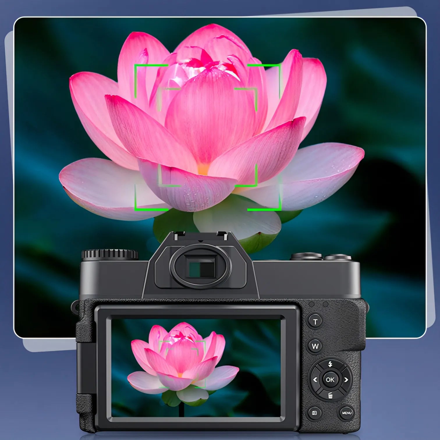 Korons Digital Camera displaying a pink lotus flower on its screen with a monitor showing the same image in the background.