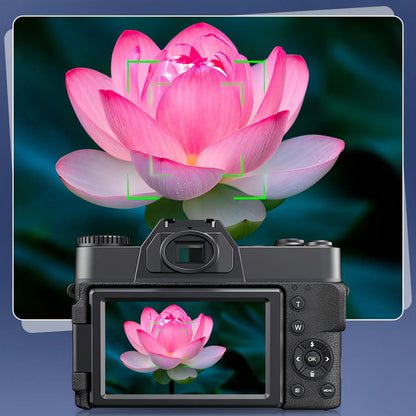 Korons Digital Camera displaying a pink lotus flower on its screen with a monitor showing the same image in the background.