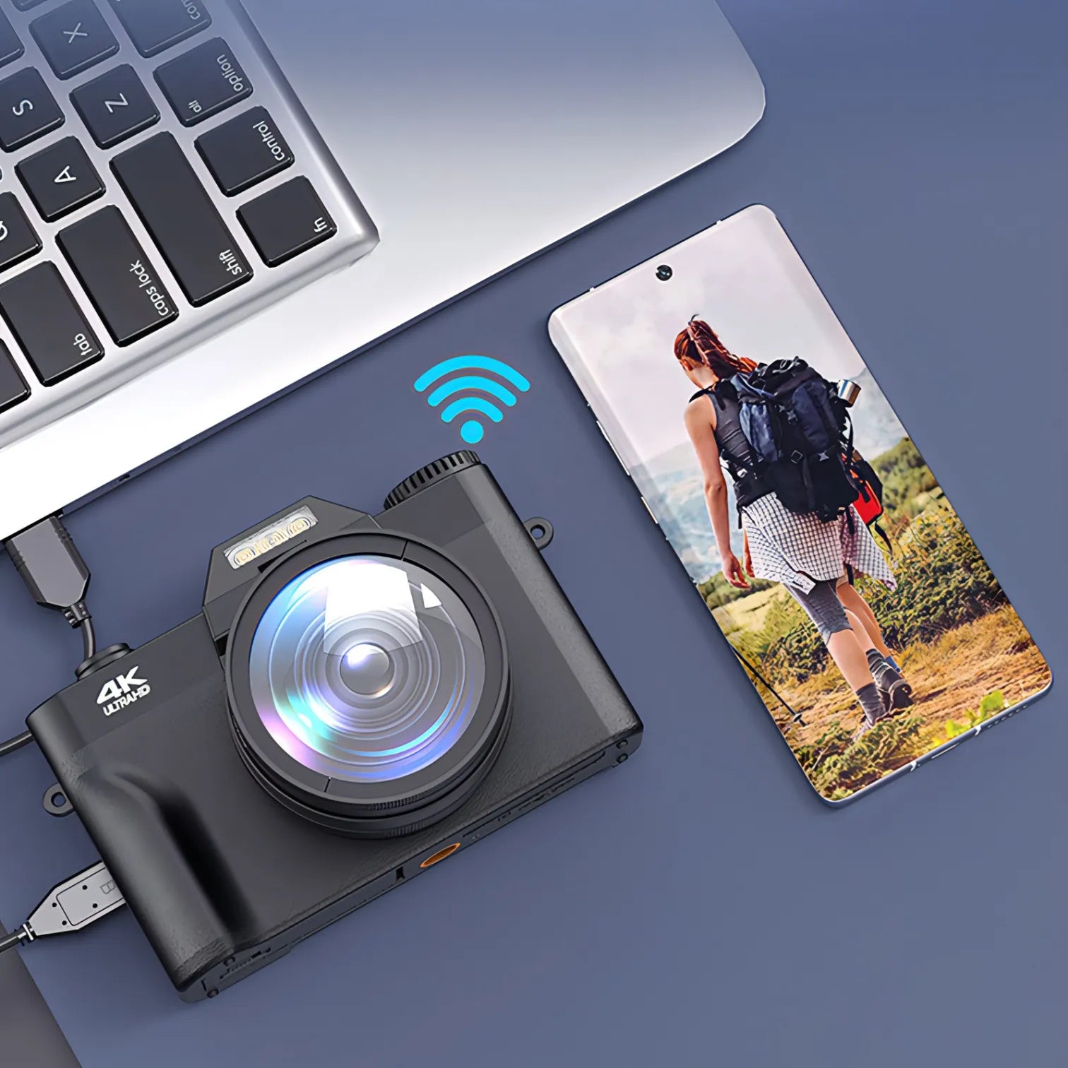 Korons Digital Camera with a smartphone displaying a photo of a person hiking, both on a blue surface with a keyboard.