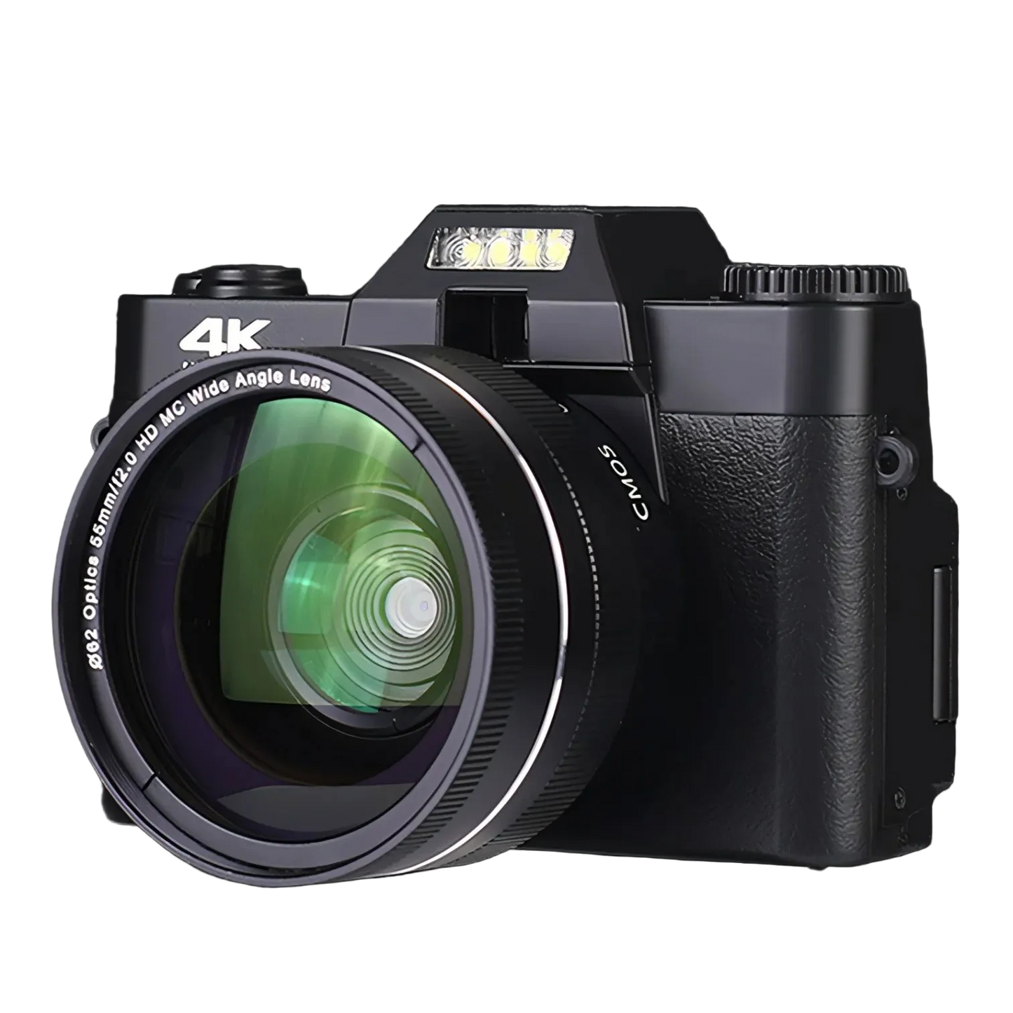 Korons Digital Camera with a large lens on a black background