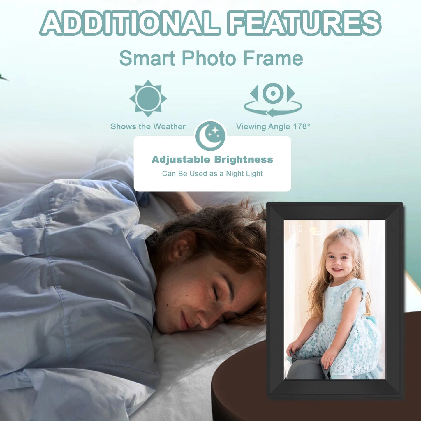 Korons Digital Photo Frame showing a child's picture next to a person lying in bed, with text highlighting additional features.