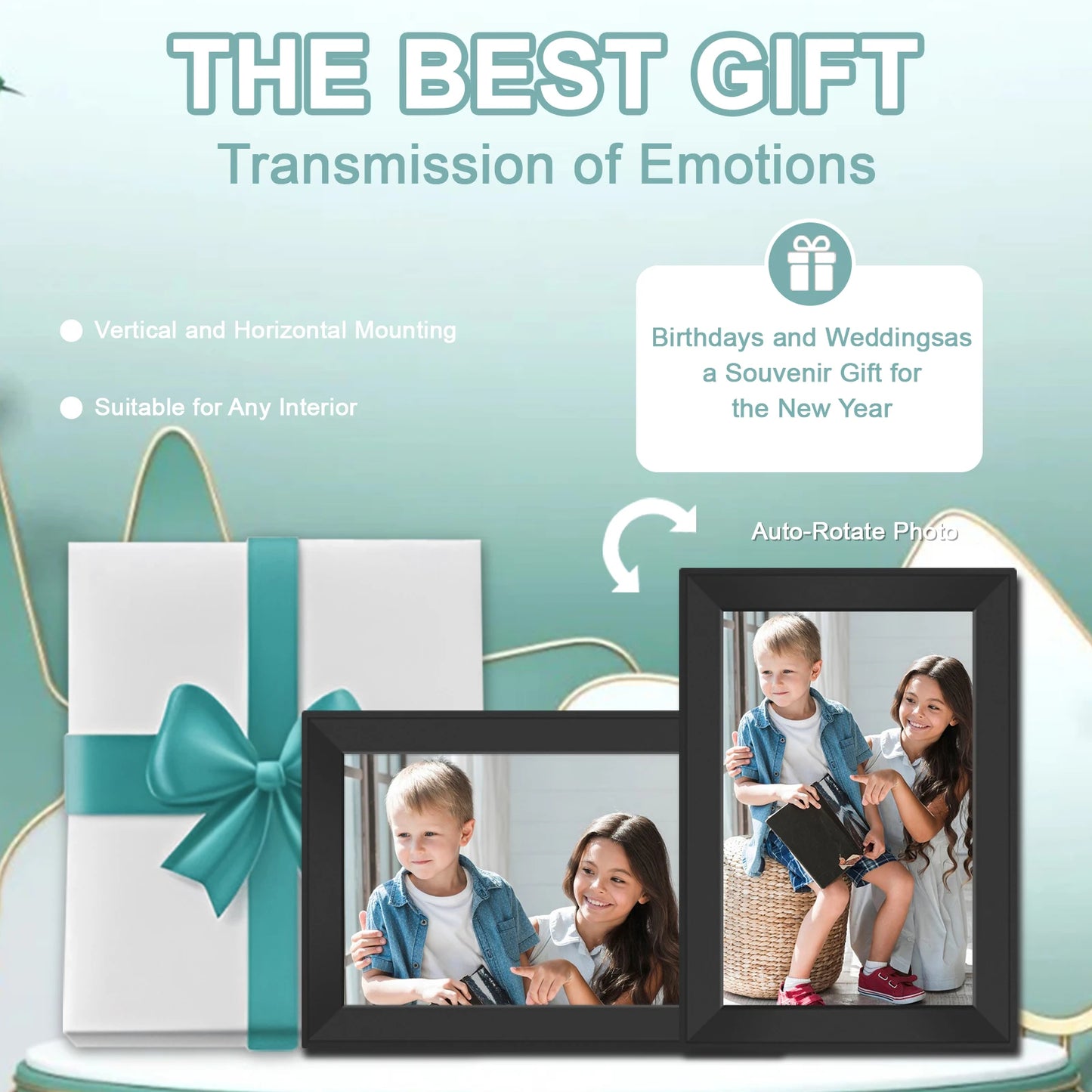 Two Korons Digital Photo Frame with children's photos on a light blue background with text about the best gift.