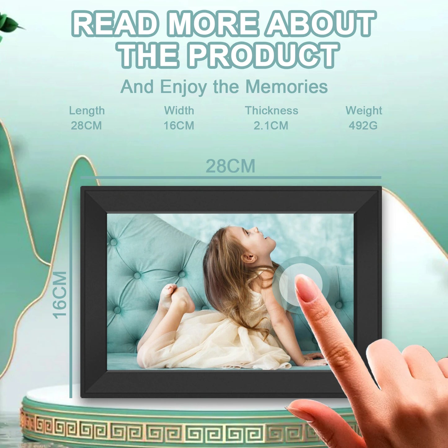 Korons Digital Photo Frame with a child on a couch displayed, showing product dimensions and weight.