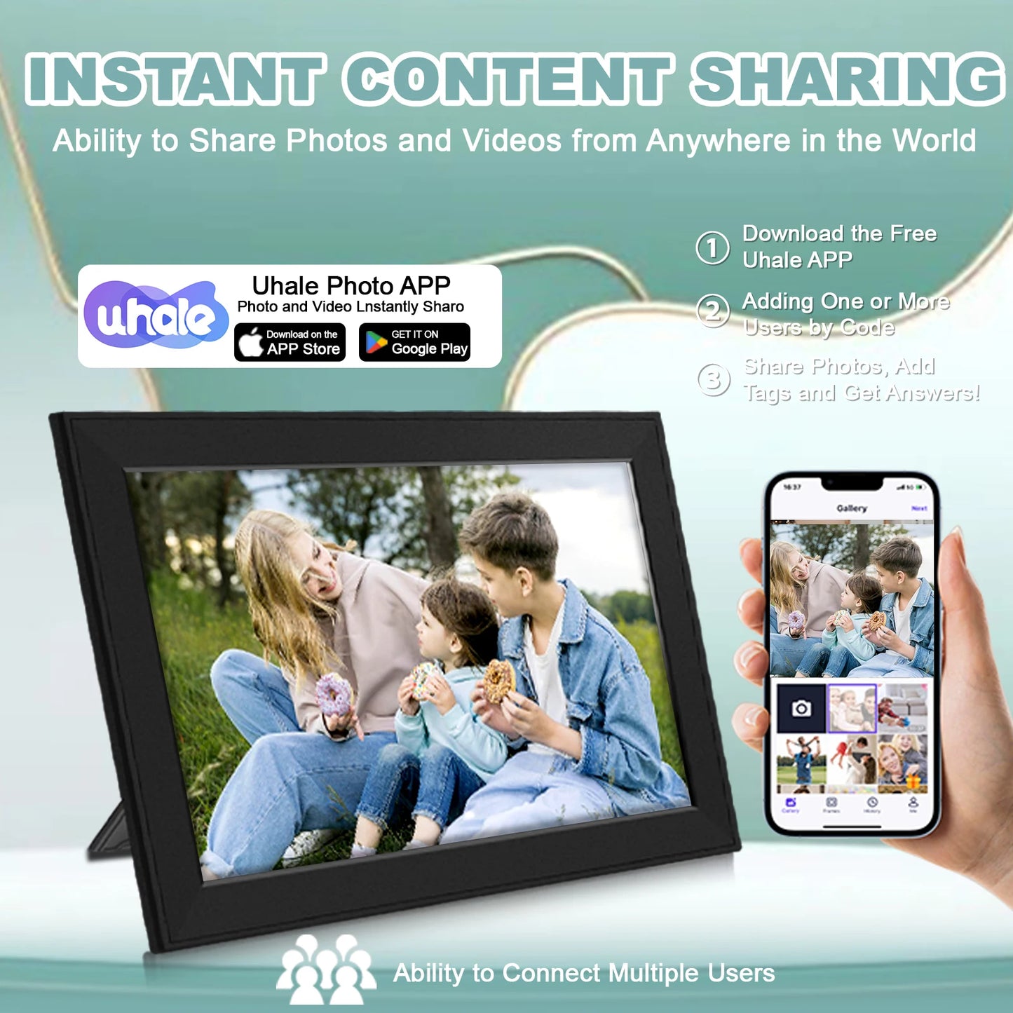 Korons Digital Photo Frame and smartphone displaying Uhalie Photo APP with family photo on screen.