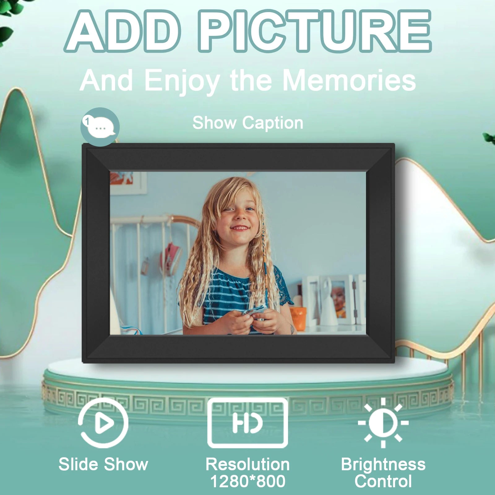 Korons Digital Photo Frame displaying a child's picture with features highlighted on a teal background.