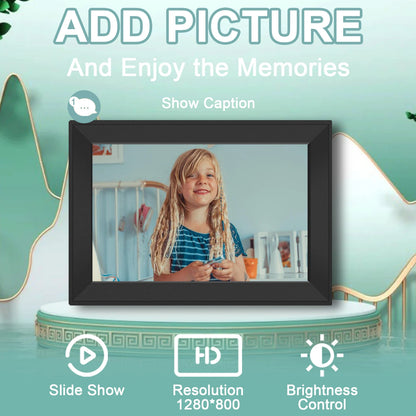 Korons Digital Photo Frame displaying a child's picture with features highlighted on a teal background.