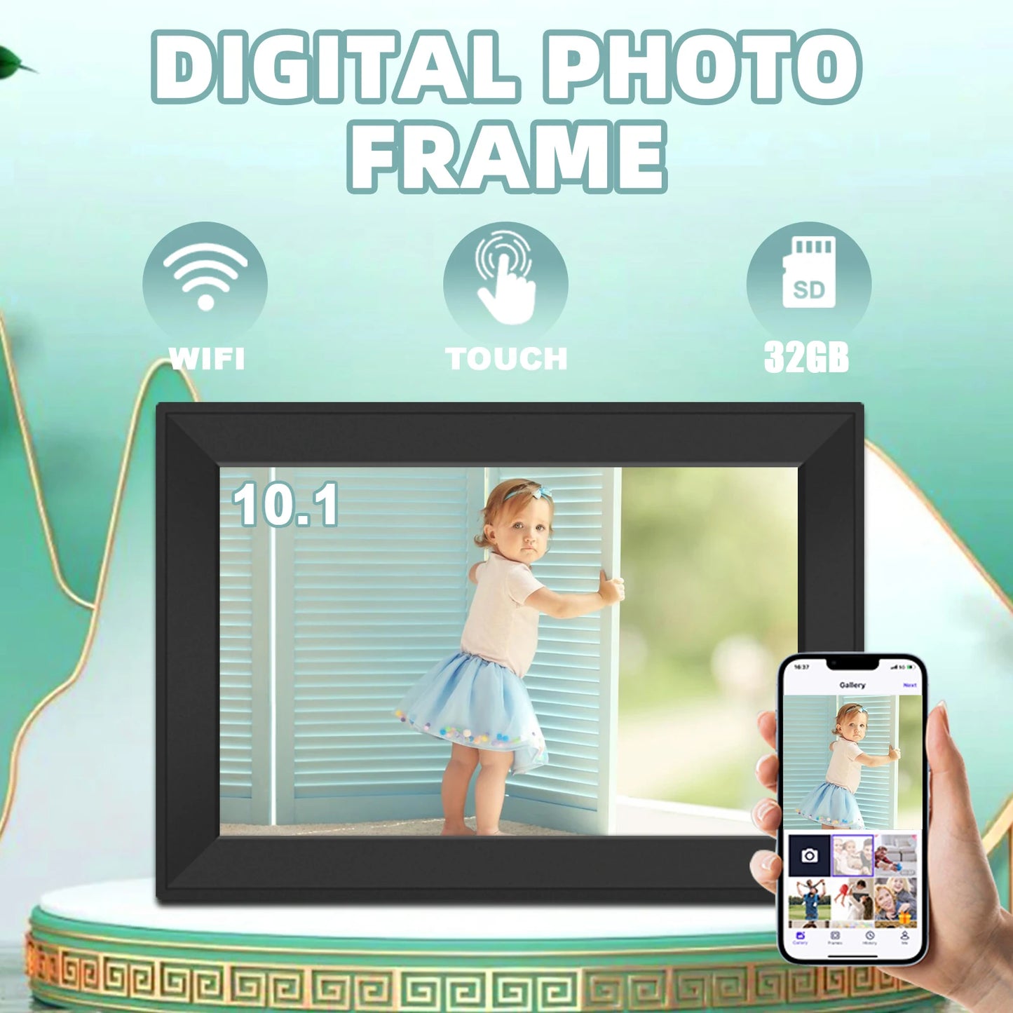 Korons Digital Photo Frame with a child's picture on screen and smartphone app interface.