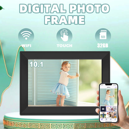 Korons Digital Photo Frame with a child's picture on screen and smartphone app interface.