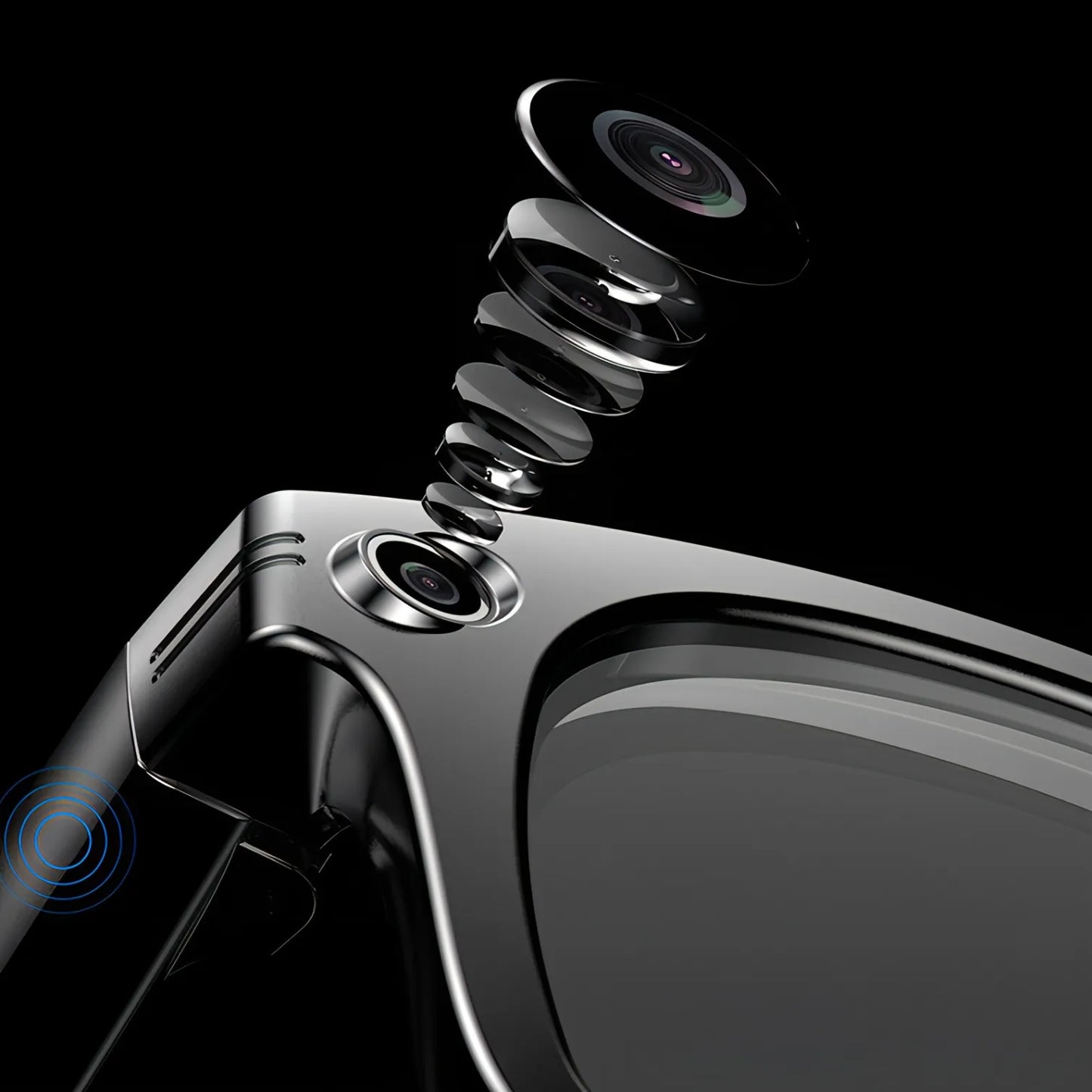 Close-up of a Korons Smart Glasses suspension system with a black background